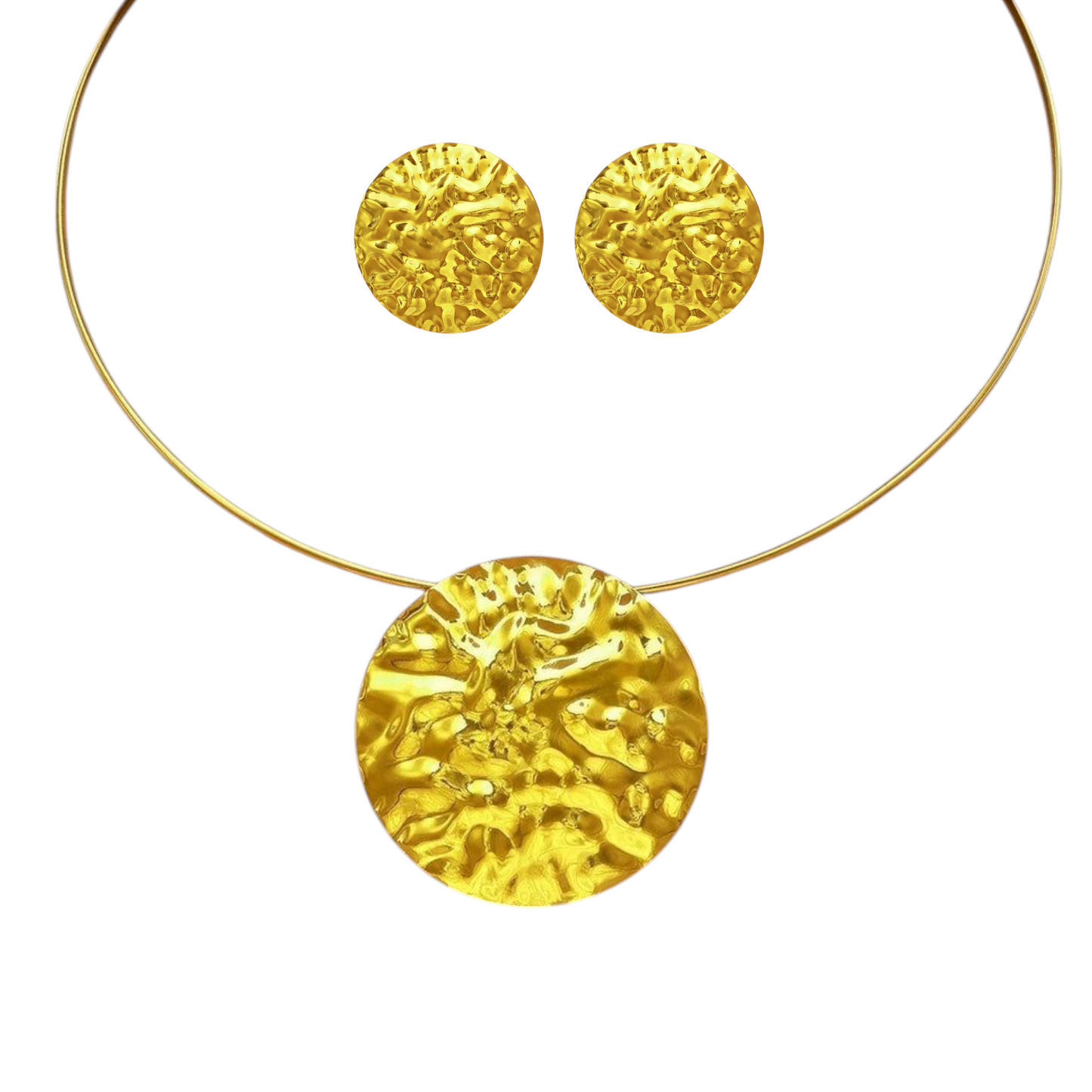 Hammered Gold Choker Necklace Set for Women & Girls – Stylish Statement Jewelry with Round Disc Earrings