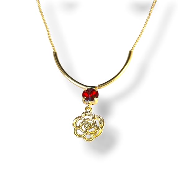 Elegant Gold-Plated Rose Pendant Necklace & Earrings Set with Red Crystal Stones