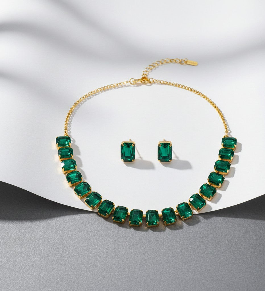 Crystal Earrings Set Green Necklace for Girls