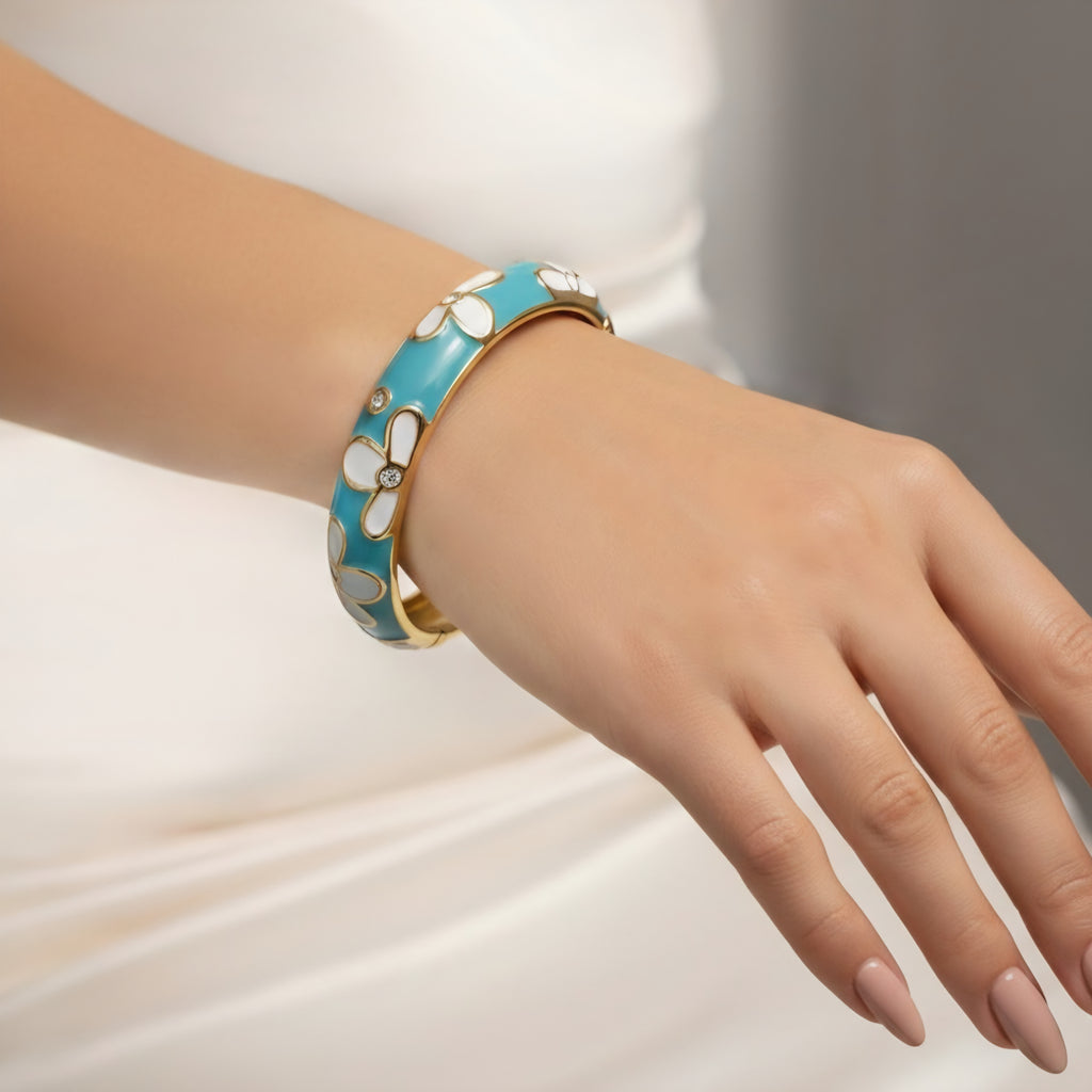 Turquoise Enamel Floral Adjustable Bracelet with Gold Finish