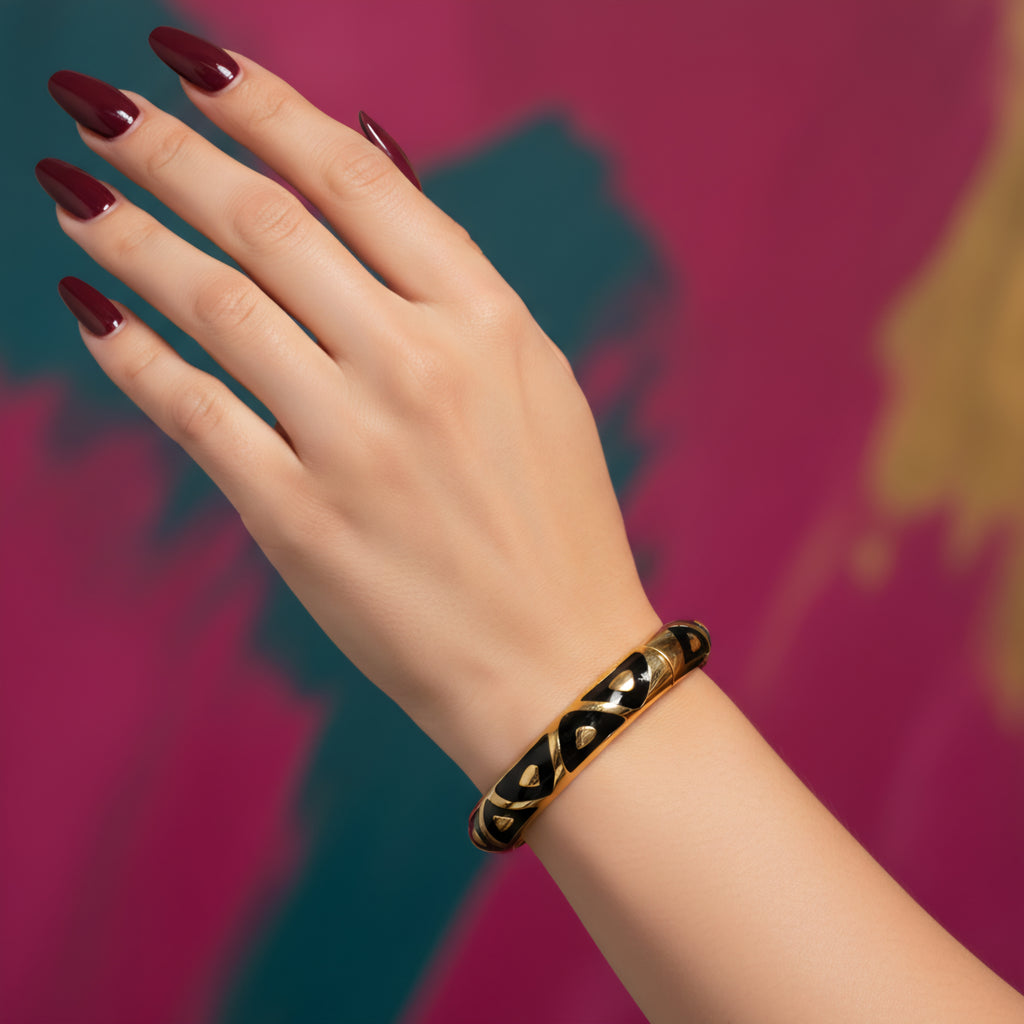 Black Enamel Curved Adjustable Bracelet with Gold Accents | Luxury Women’s Jewelry