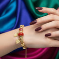 Gold Charm Adjustable Pandora-Style Bracelet with Red Beads & Hanging Pendants