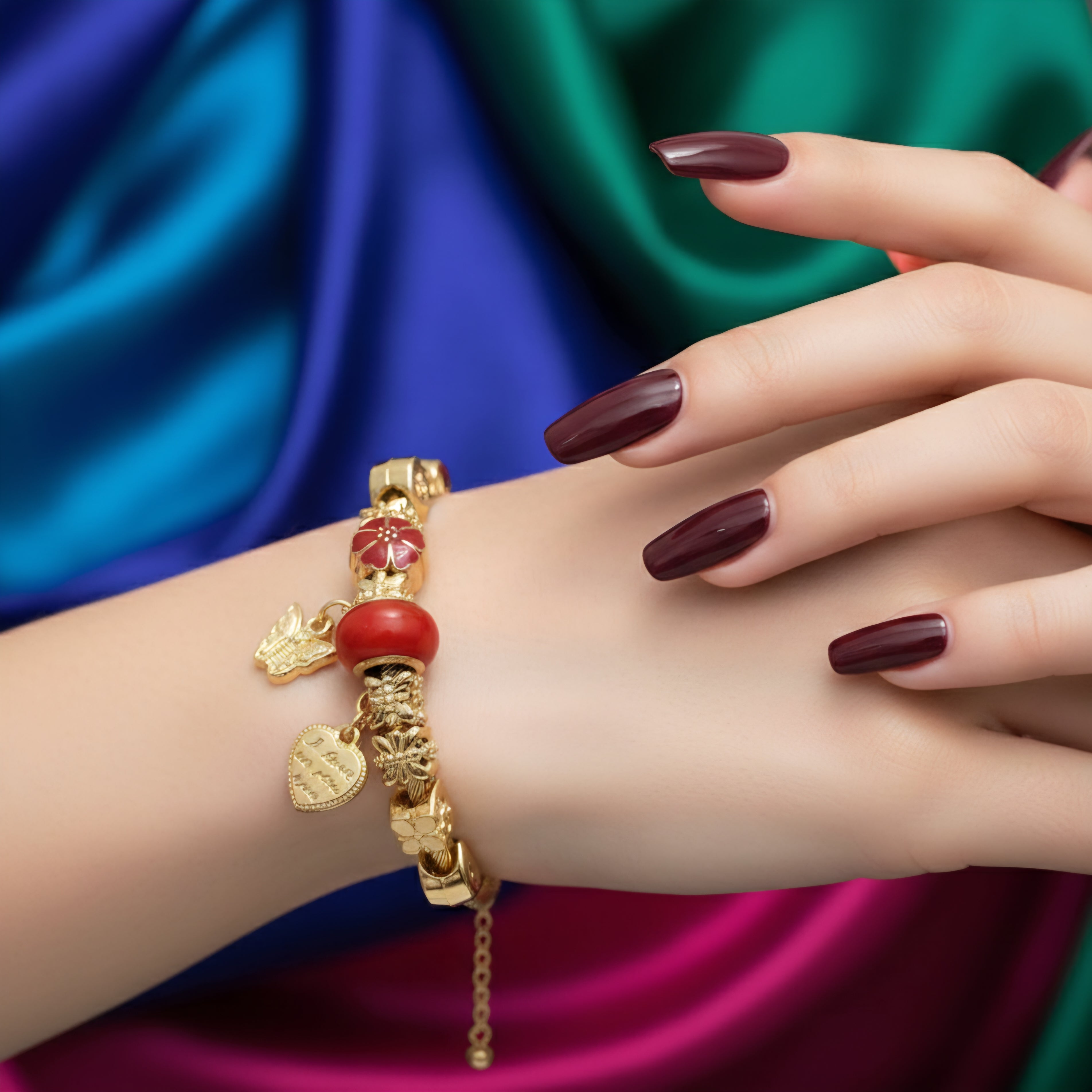 Gold Charm Adjustable Pandora-Style Bracelet with Red Beads & Hanging Pendants