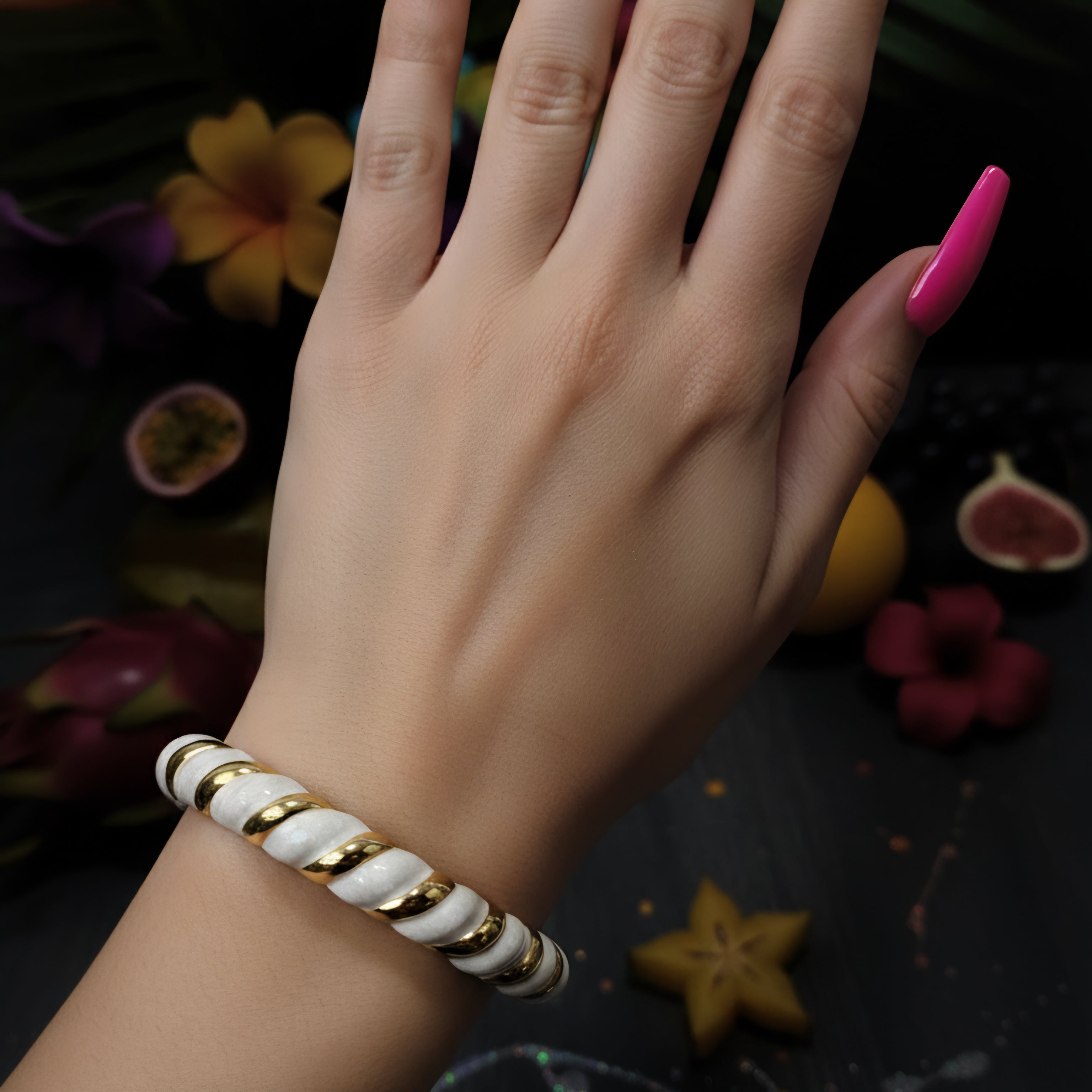 Luxury Gold & White Twisted Bangle Bracelet for Women | Elegant Statement Designer Bracelet