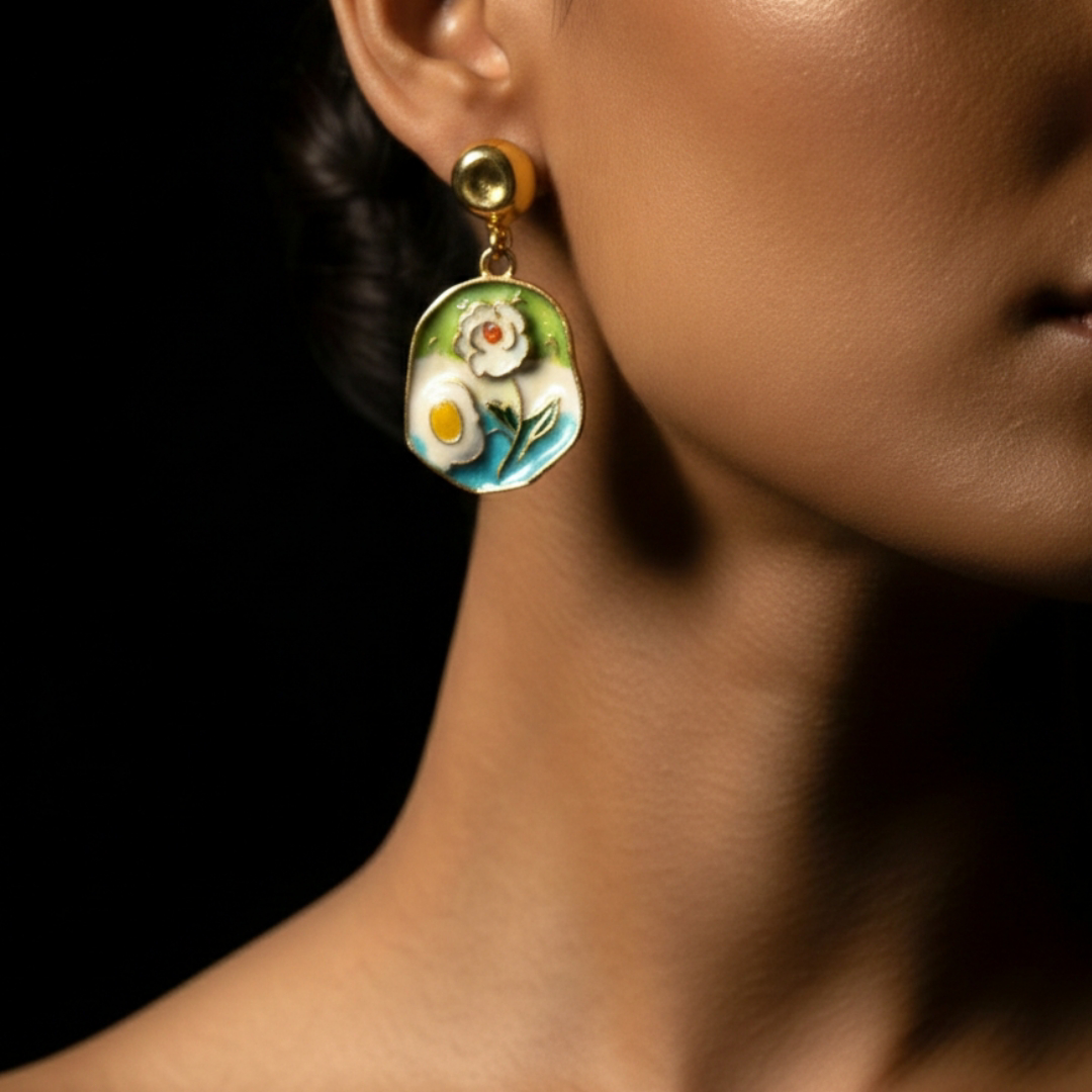 Hand-Painted Enamel Flower Drop Earrings