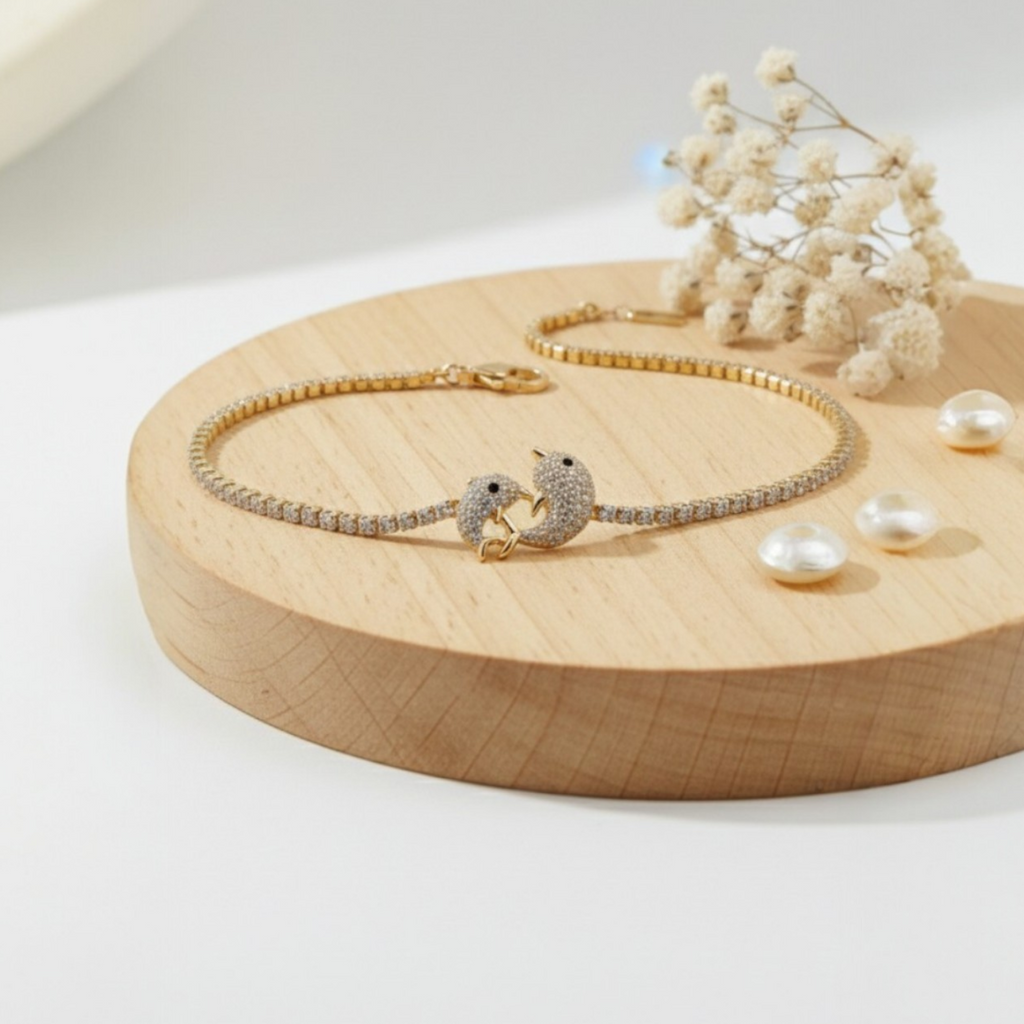 Luxury Gold Dolphin Couple Bracelet for Women | Crystal Studded Elegant Adjustable Chain Bracelet