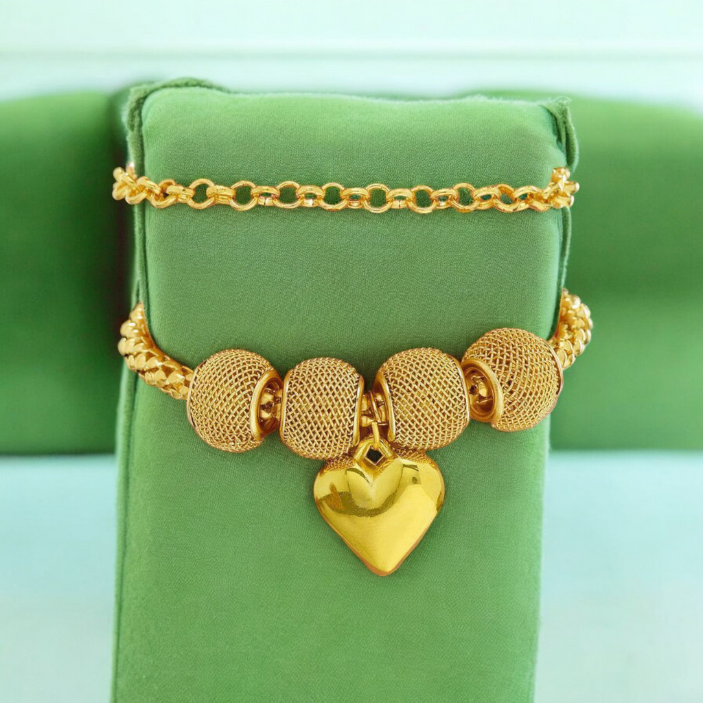 Golden Heart Charm Bracelet for Women & Girls – Elegant Beaded Chain Fashion Jewelry