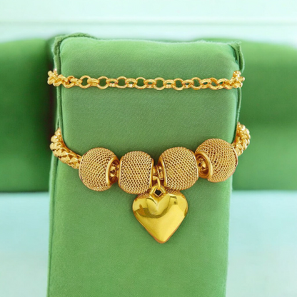 Golden Heart Charm Bracelet for Women & Girls – Elegant Beaded Chain Fashion Jewelry