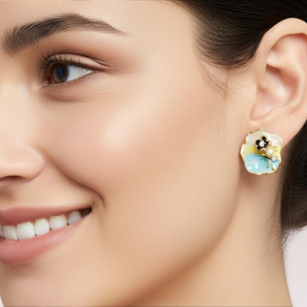 Floral Stud Earrings with Enamel & Pearl – Elegant Mini Flower Design