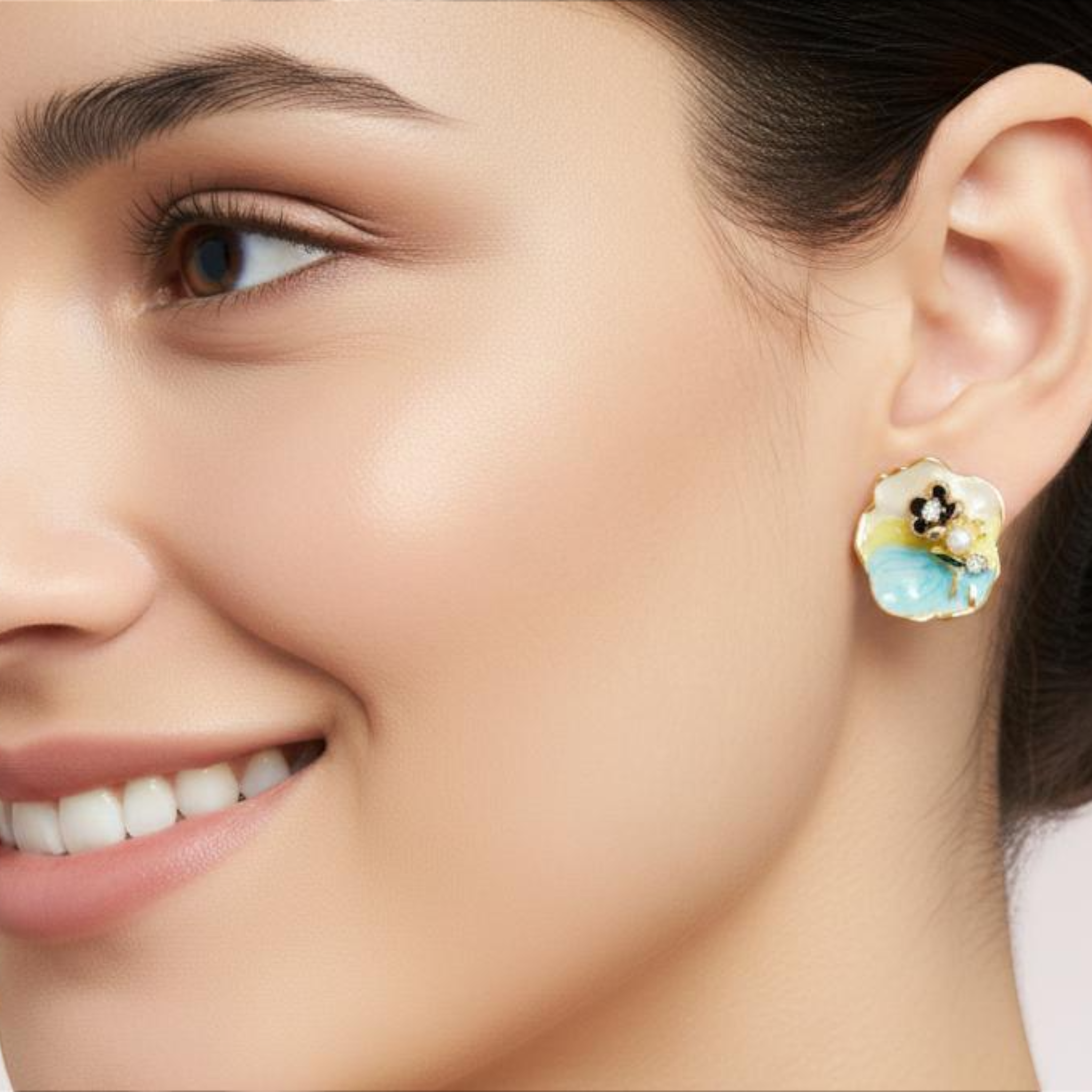 Floral Stud Earrings with Enamel & Pearl – Elegant Mini Flower Design