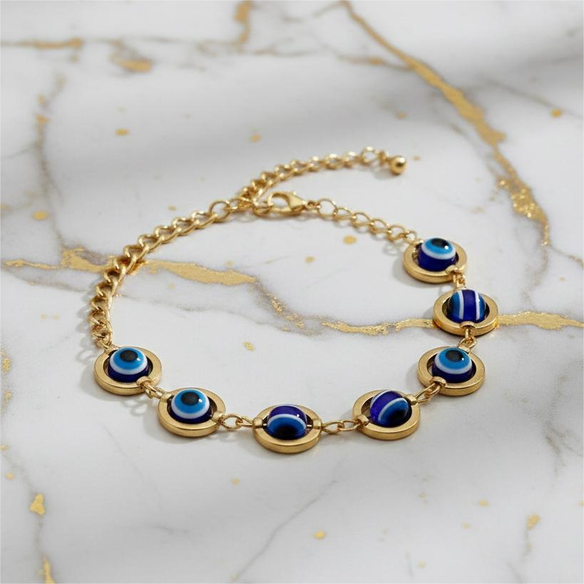 Protective Blue Evil Eye Link Gold Plated Bracelet for Women