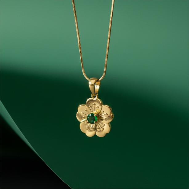 Floral Pendant Necklace with Cubic Emerald Stone