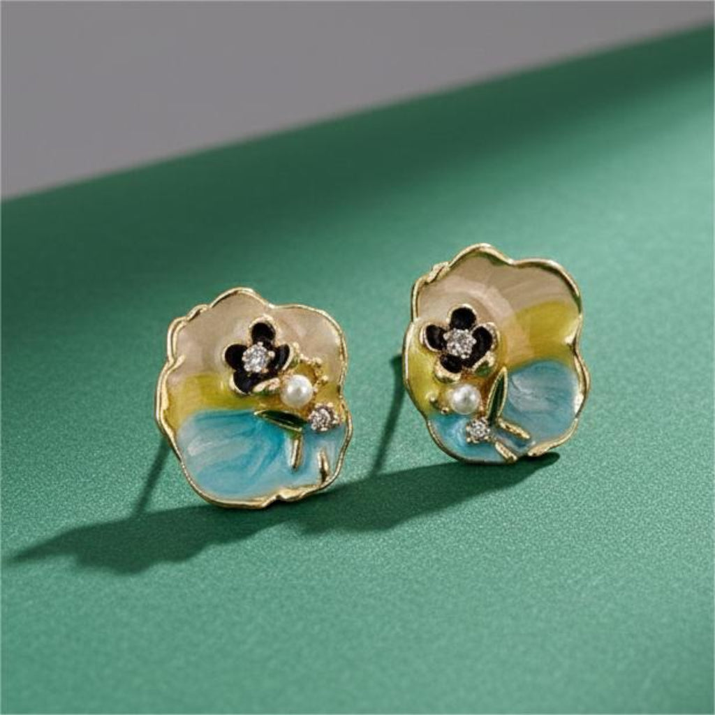 Floral Stud Earrings with Enamel & Pearl – Elegant Mini Flower Design