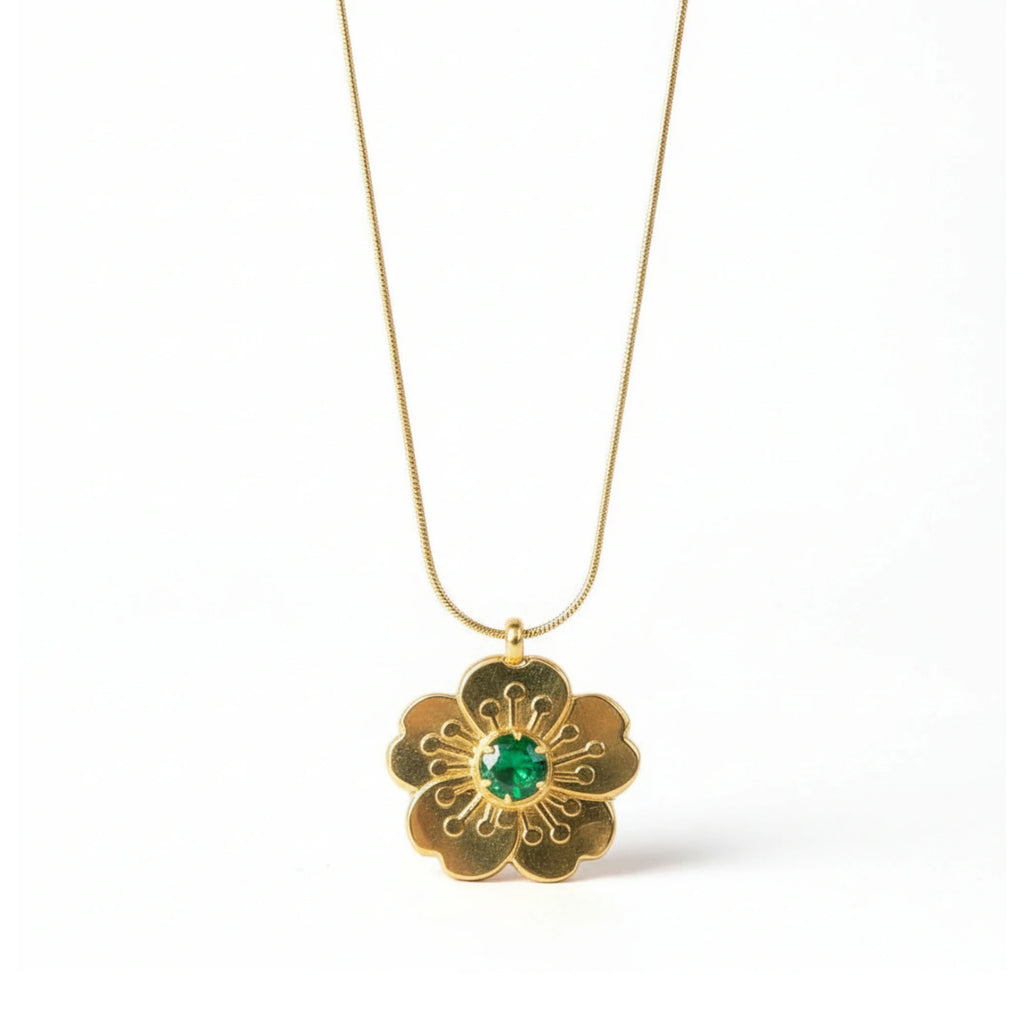 Floral Pendant Necklace with Cubic Emerald Stone