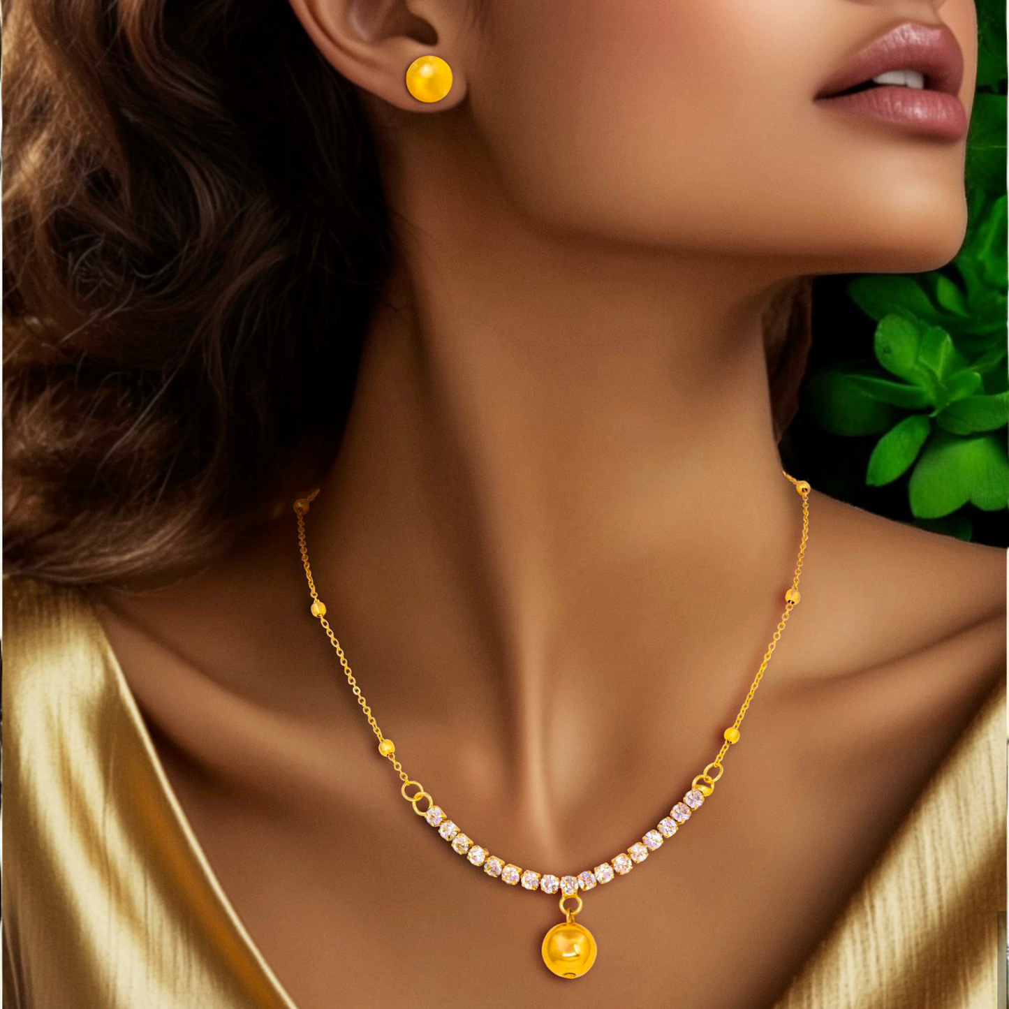 Gold-Plated Stone Necklace Set for Women & Girls – Elegant Designer Jewelry with Round Earrings