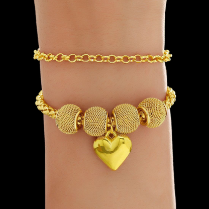 Golden Heart Charm Bracelet for Women & Girls – Elegant Beaded Chain Fashion Jewelry