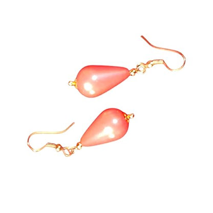 Elegant Pearl Jewellery Set with Crystal Pendant, Gold-Toned Chain Necklace and Drop Earrings, Peach Pink