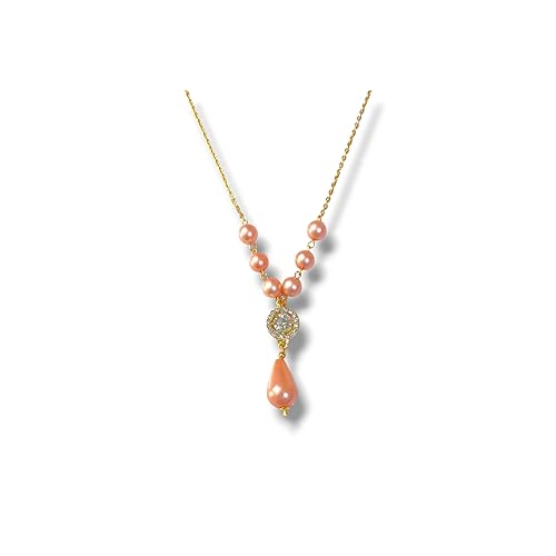 Elegant Pearl Jewellery Set with Crystal Pendant, Gold-Toned Chain Necklace and Drop Earrings, Peach Pink