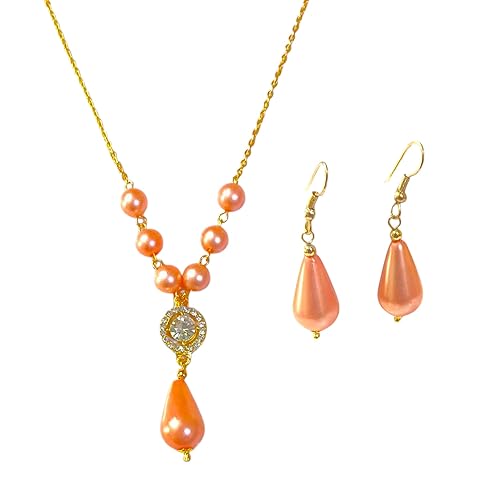 Elegant Pearl Jewellery Set with Crystal Pendant, Gold-Toned Chain Necklace and Drop Earrings, Peach Pink