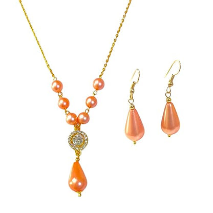 Elegant Pearl Jewellery Set with Crystal Pendant, Gold-Toned Chain Necklace and Drop Earrings, Peach Pink