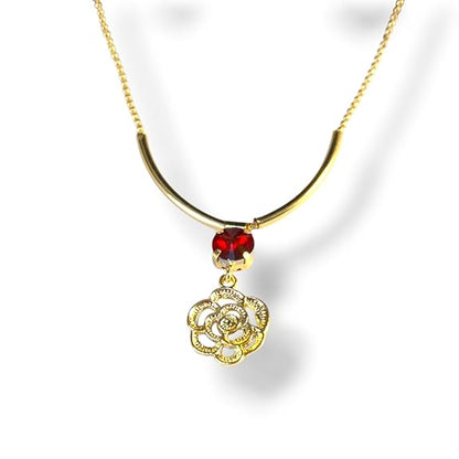 Elegant Gold-Plated Rose Pendant Necklace & Earrings Set with Red Crystal Stones