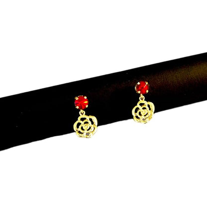 Elegant Gold-Plated Rose Pendant Necklace & Earrings Set with Red Crystal Stones