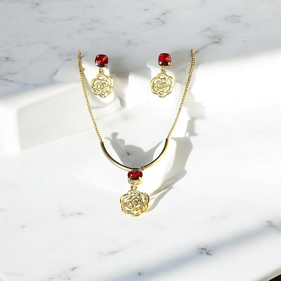 Elegant Gold-Plated Rose Pendant Necklace & Earrings Set with Red Crystal Stones