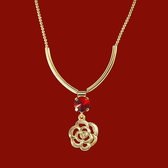 Elegant Gold-Plated Rose Pendant Necklace & Earrings Set with Red Crystal Stones