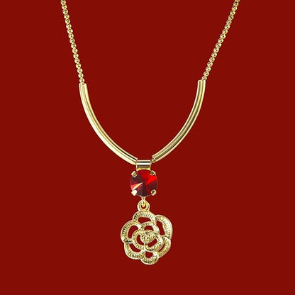 Elegant Gold-Plated Rose Pendant Necklace & Earrings Set with Red Crystal Stones