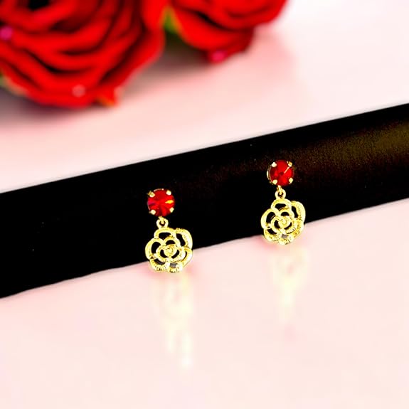 Elegant Gold-Plated Rose Pendant Necklace & Earrings Set with Red Crystal Stones