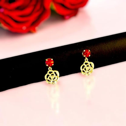 Elegant Gold-Plated Rose Pendant Necklace & Earrings Set with Red Crystal Stones