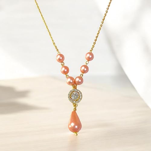 Elegant Pearl Jewellery Set with Crystal Pendant, Gold-Toned Chain Necklace and Drop Earrings, Peach Pink