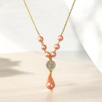 Elegant Pearl Jewellery Set with Crystal Pendant, Gold-Toned Chain Necklace and Drop Earrings, Peach Pink