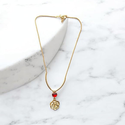 Elegant Gold-Plated Rose Pendant Necklace & Earrings Set with Red Crystal Stones