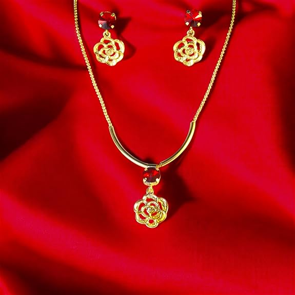 Elegant Gold-Plated Rose Pendant Necklace & Earrings Set with Red Crystal Stones