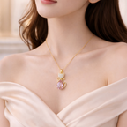 Pink Crystal Cat Pendant Necklace – Gold Finish