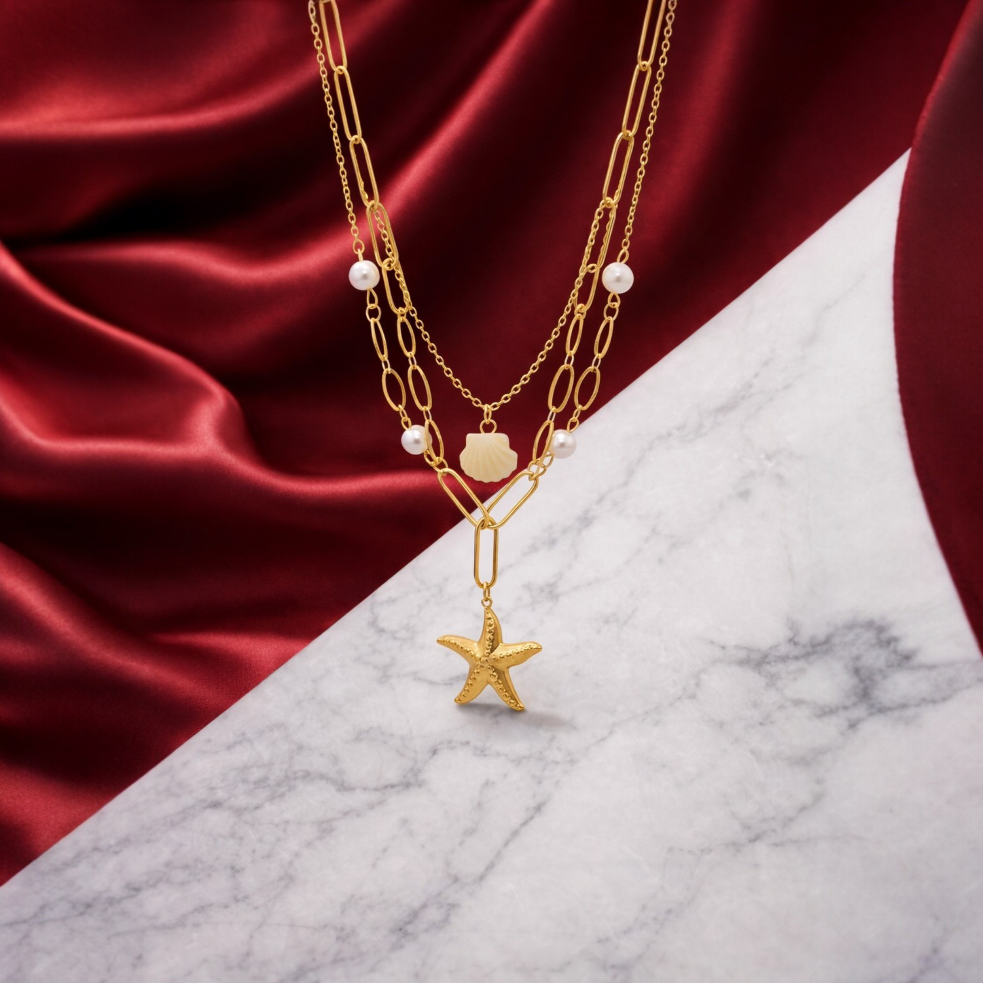 Gold Layered Starfish Pendant Necklace with Pearls | Ocean-Inspired Statement Jewelry