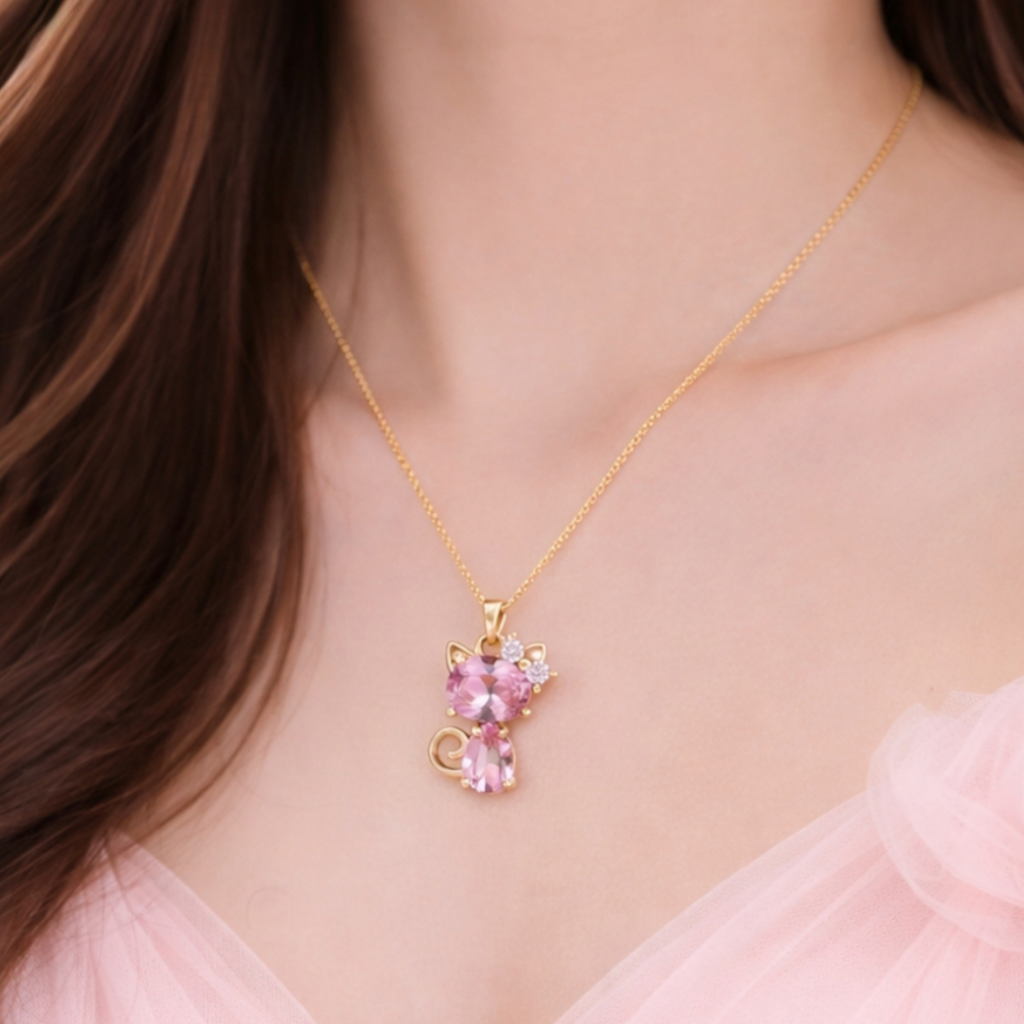 Pink Cat Crystal Pendant Necklace for Women