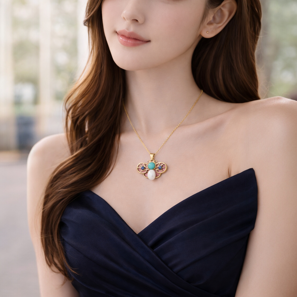 Butterfly Pearl & Turquoise Pendant Necklace – Gold Finish