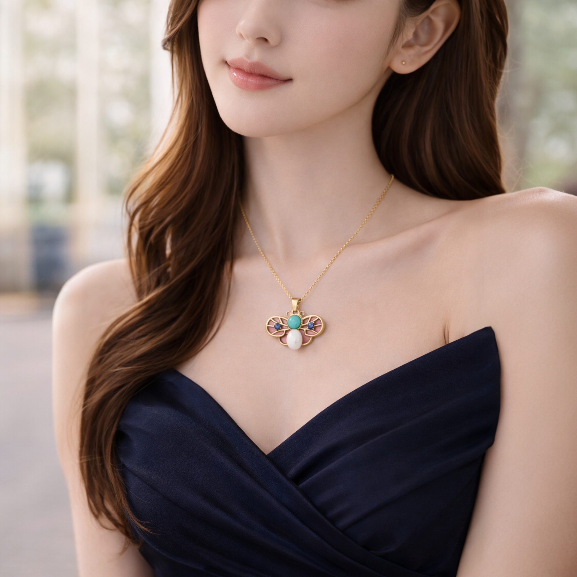 Butterfly Pearl & Turquoise Pendant Necklace – Gold Finish