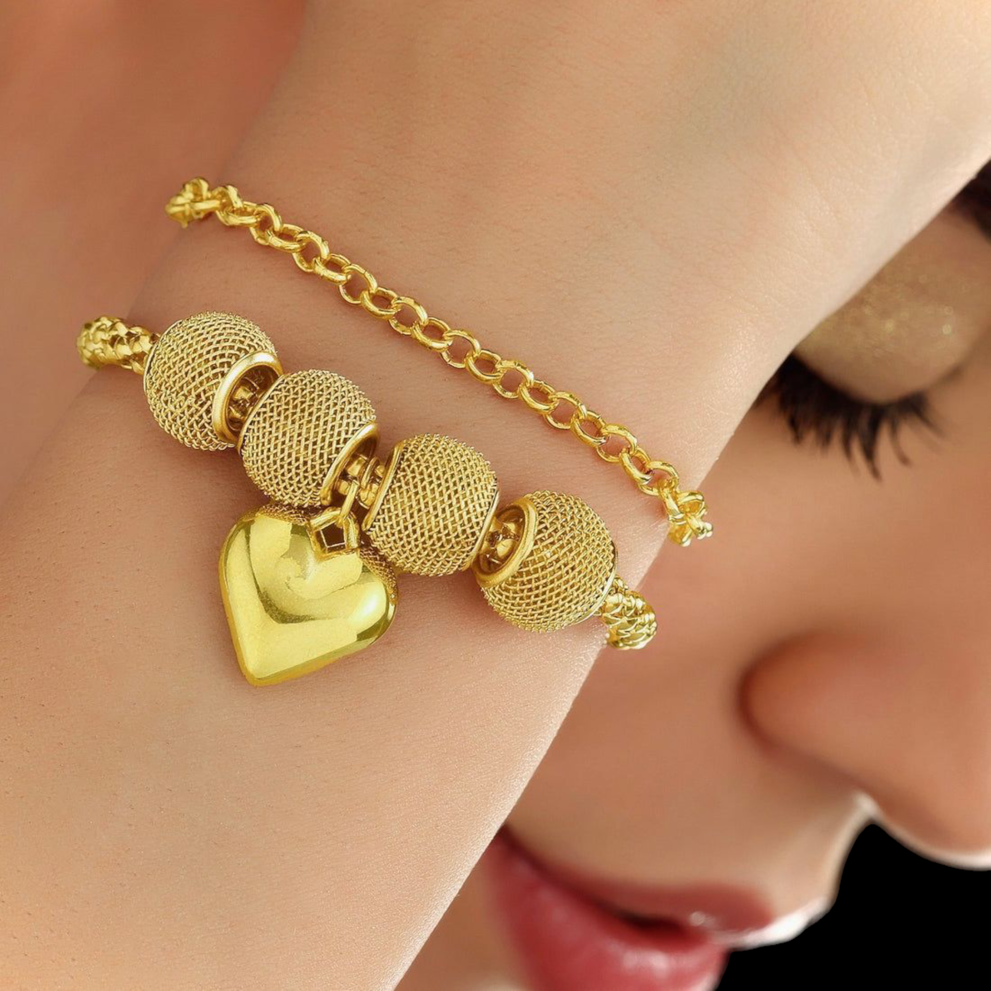 Golden Heart Charm Bracelet for Women & Girls – Elegant Beaded Chain Fashion Jewelry