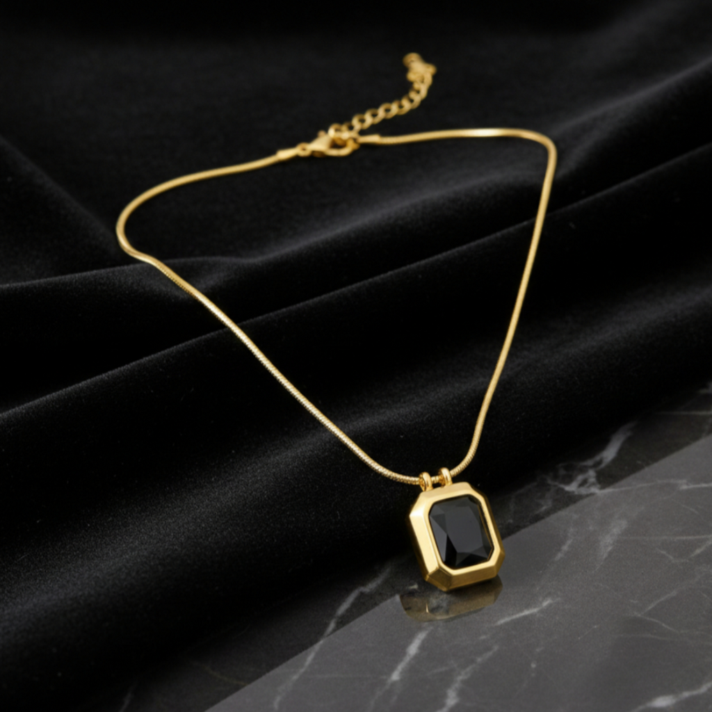 Black Square Pendant Necklace for Women – Gold Plated Anti-Tarnish Minimalist Demi Fine Jewellery | Adjustable Elegant Daily Wear Chain