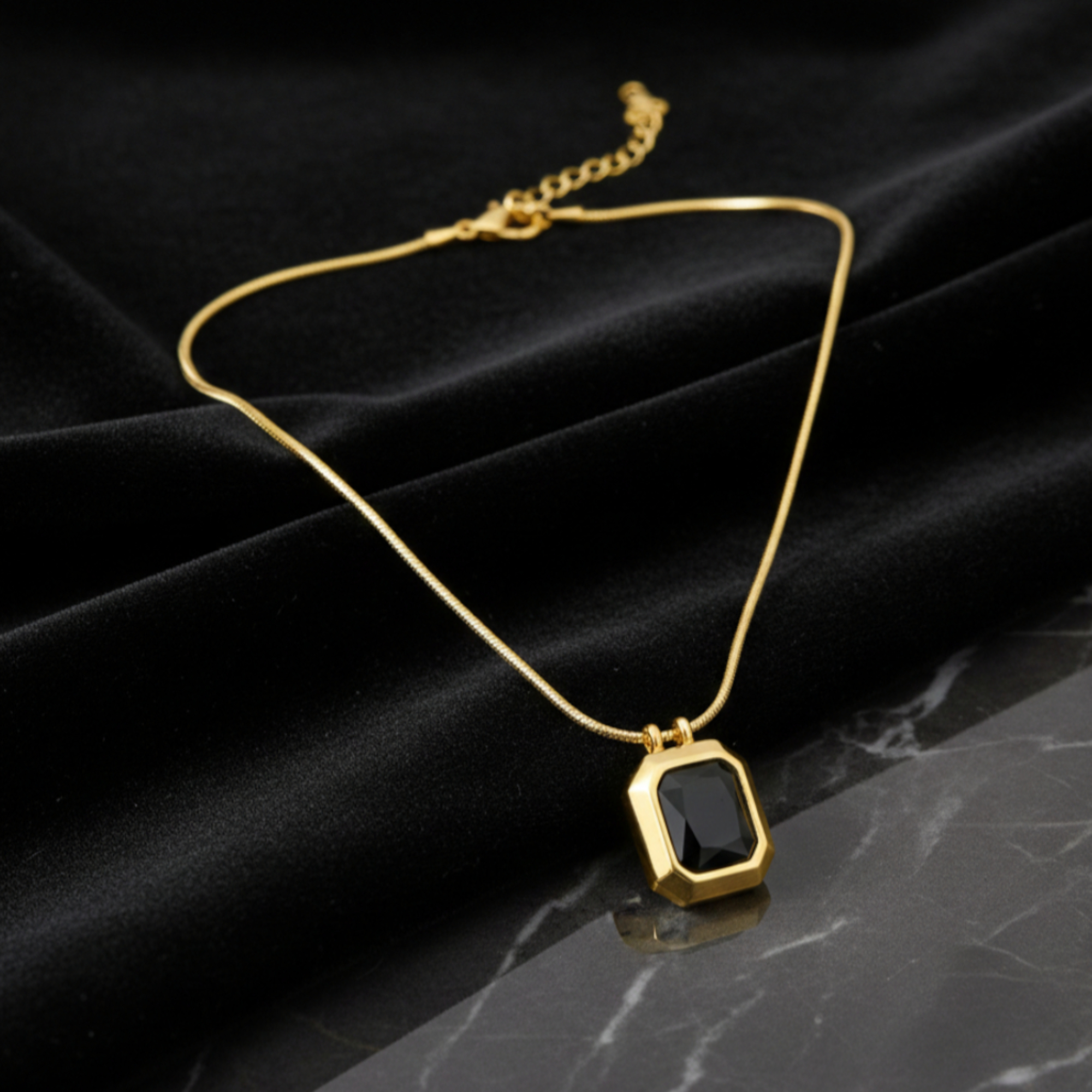 Black Square Pendant Necklace for Women – Gold Plated Anti-Tarnish Minimalist Demi Fine Jewellery | Adjustable Elegant Daily Wear Chain