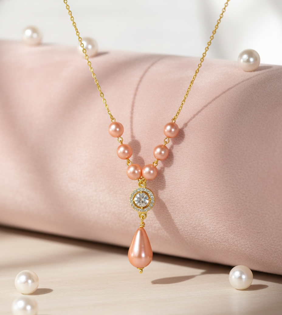 Elegant Pearl Jewellery Set with Crystal Pendant, Gold-Toned Chain Necklace and Drop Earrings, Peach Pink