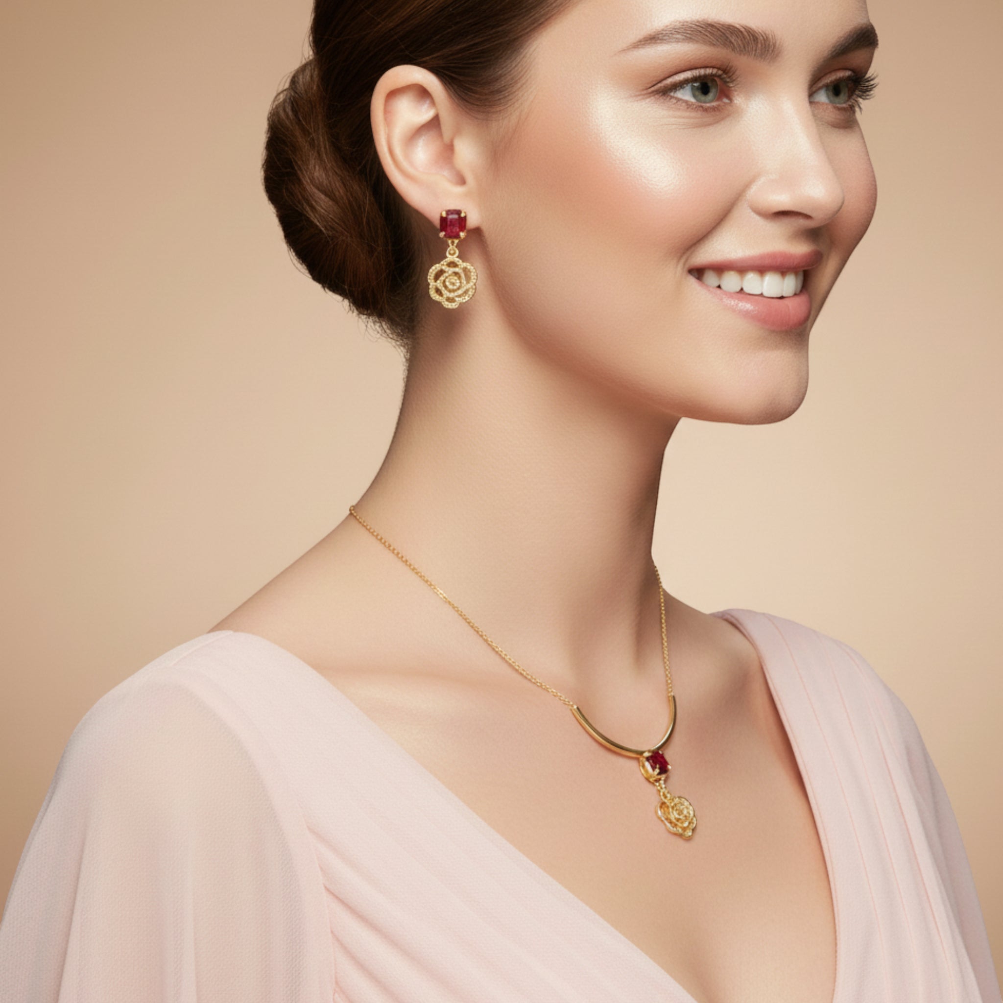 Elegant Gold-Plated Rose Pendant Necklace & Earrings Set with Red Crystal Stones