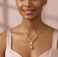 Elegant Pearl Jewellery Set with Crystal Pendant, Gold-Toned Chain Necklace and Drop Earrings, Peach Pink