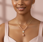 Elegant Pearl Jewellery Set with Crystal Pendant, Gold-Toned Chain Necklace and Drop Earrings, Peach Pink