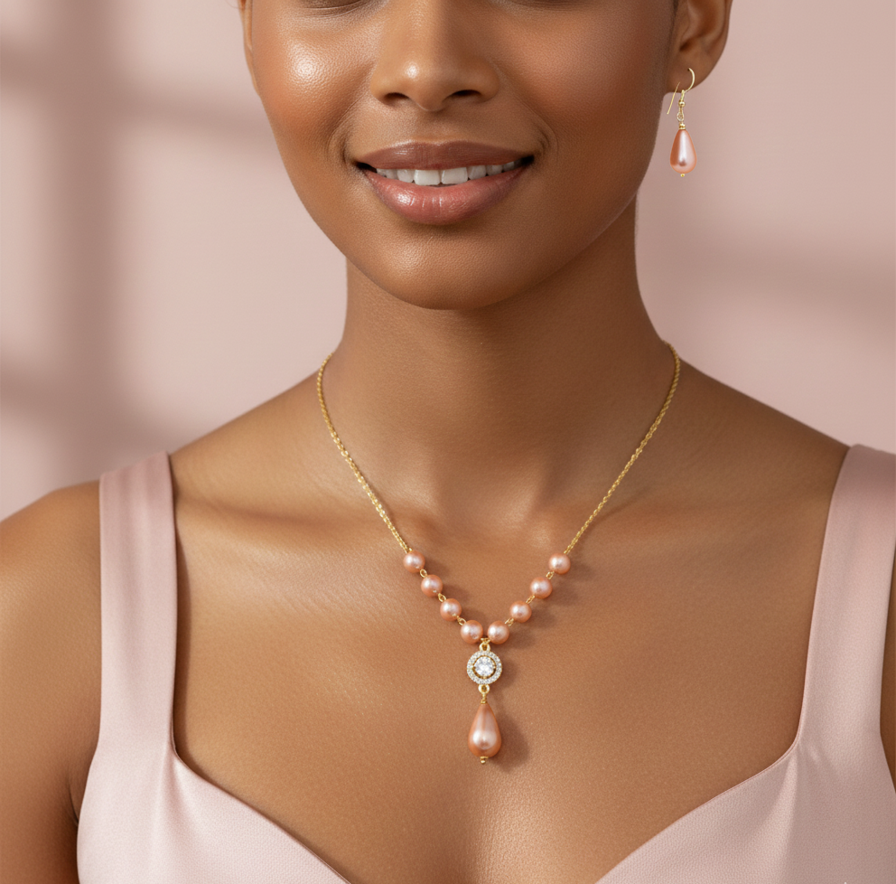 Elegant Pearl Jewellery Set with Crystal Pendant, Gold-Toned Chain Necklace and Drop Earrings, Peach Pink