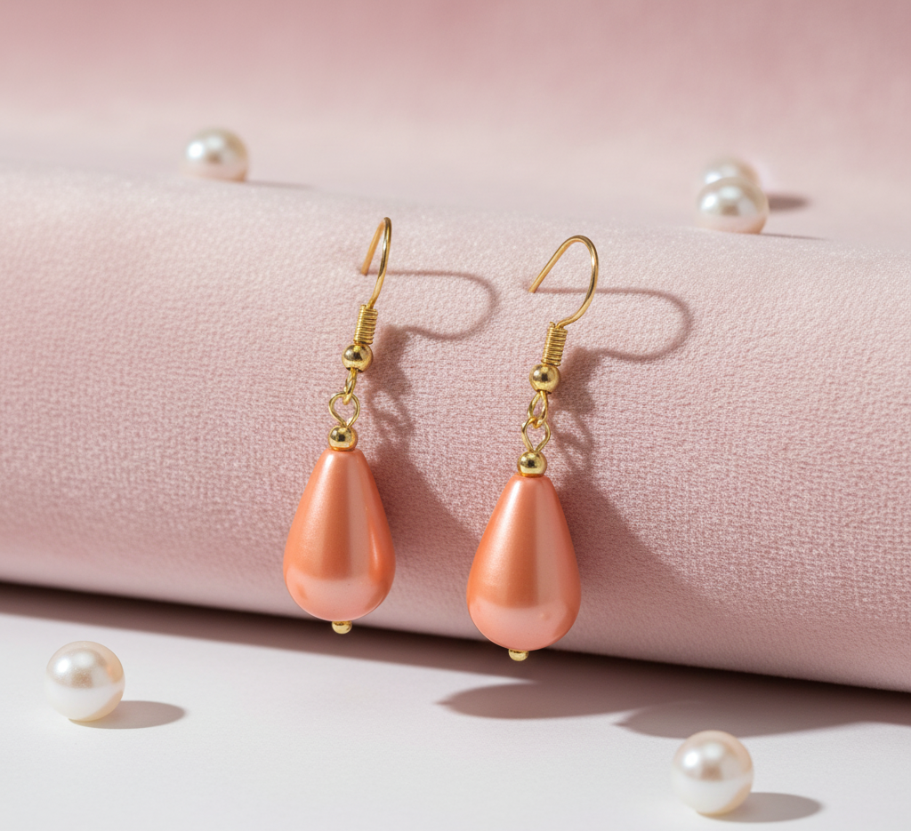 Elegant Pearl Jewellery Set with Crystal Pendant, Gold-Toned Chain Necklace and Drop Earrings, Peach Pink