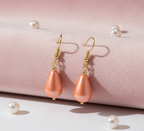 Elegant Pearl Jewellery Set with Crystal Pendant, Gold-Toned Chain Necklace and Drop Earrings, Peach Pink